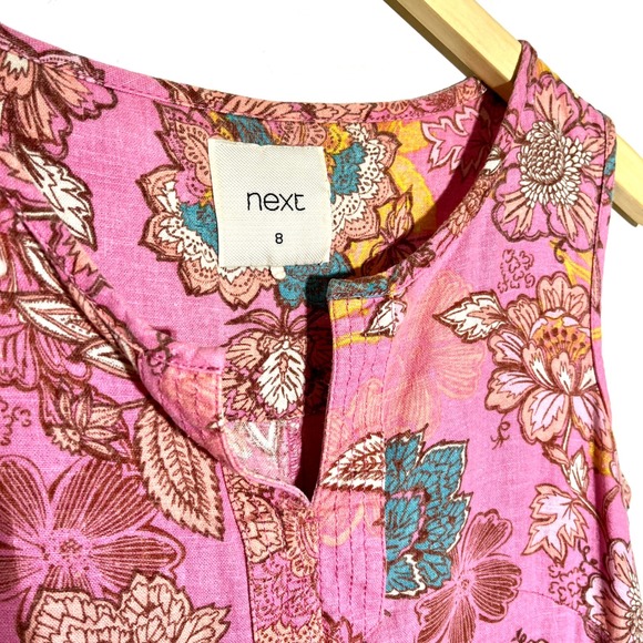 Next Floral Print Sleeveless Casual Dress Pink Linen‎ Blend Size 8 - Picture 2 of 7